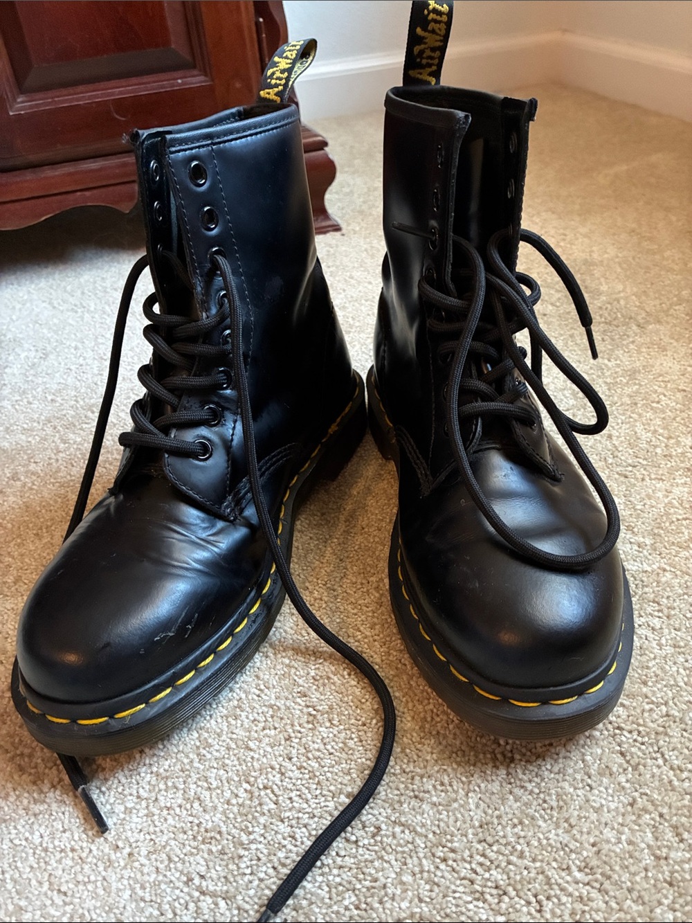 Dr. Martens Black Leather Combat Boots with Yellow Stitching